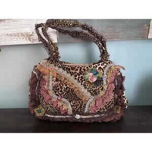 Vintage Shabby Chic Handmade Cheetah Embroidered Lace  Rose Shoulder Bag